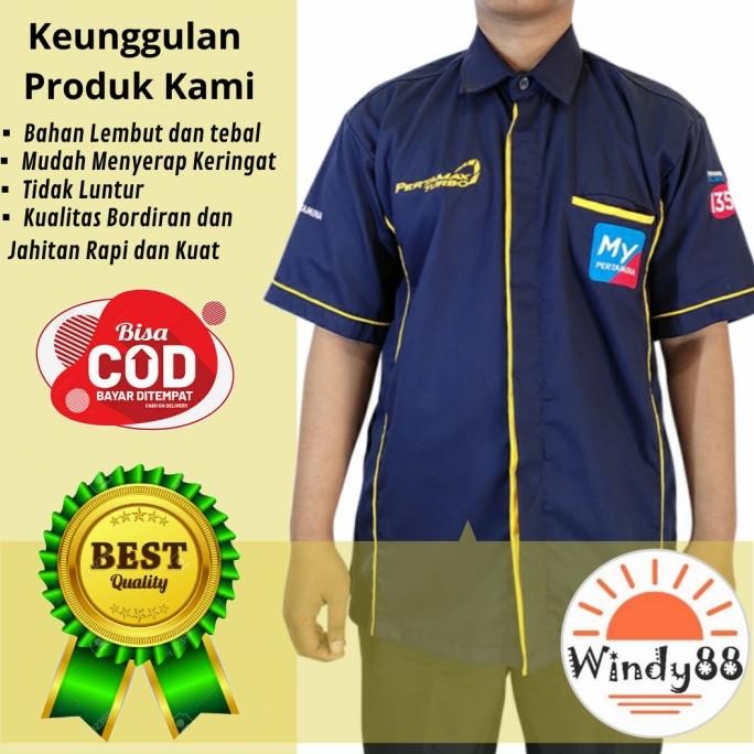 Pakaian seragam Kerja My Pertamina Kemeja/ Baju Pria Wanita SPBU Biru