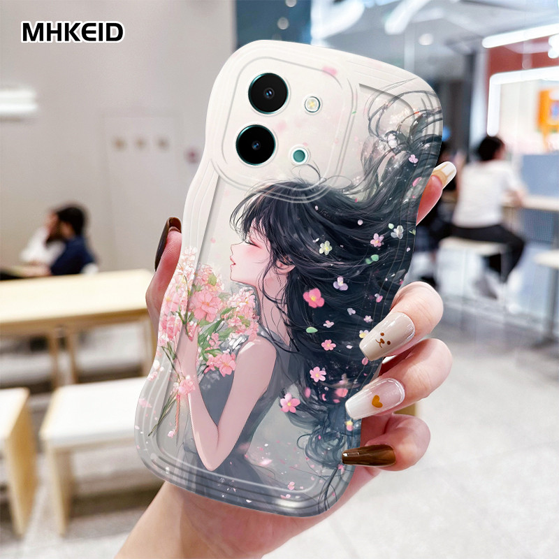 MHKEID Casing Hp Untuk VIVO Y28 2024 Case Casing gelombang Softcase Silikon Cesing pola bunga dan pe