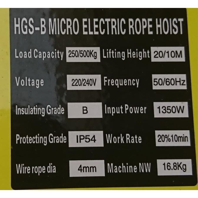 Electric Hoist 500 Kg 20 Meter Katrol Elektrik 500Kg 20Meter