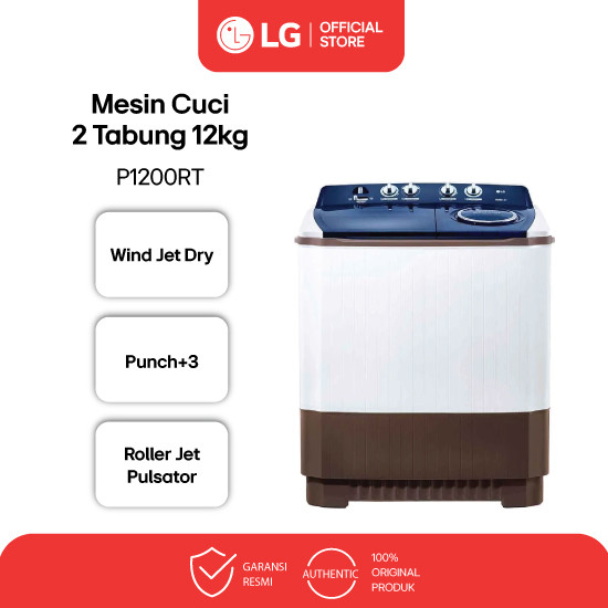 LG Mesin Cuci Twin Tub 12kg - Top Load Roller Jet Pulsator 3 Program Pencucian Wind Jet Dry | P1200R