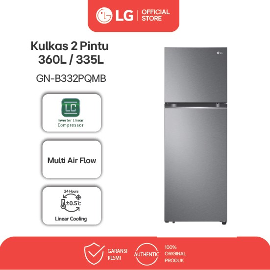 LG Kulkas 2 Door 360L Gross / 335L Nett Smart Inverter Compressor GN-B332PQMB