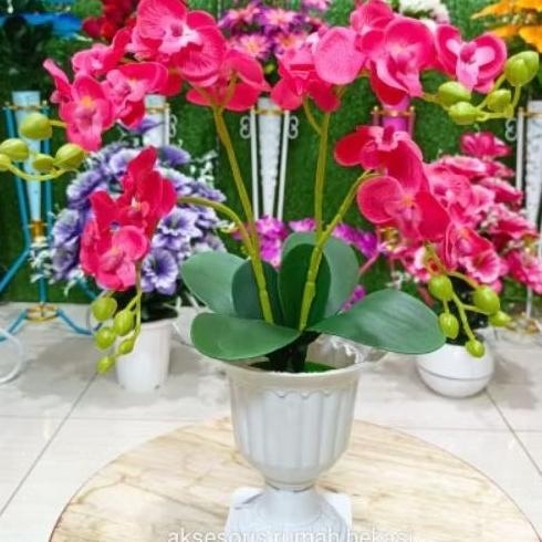 Hiasan Sudut Buket Bunga Anggrek Artificial 4 Tangkai Dengan Pot Piala