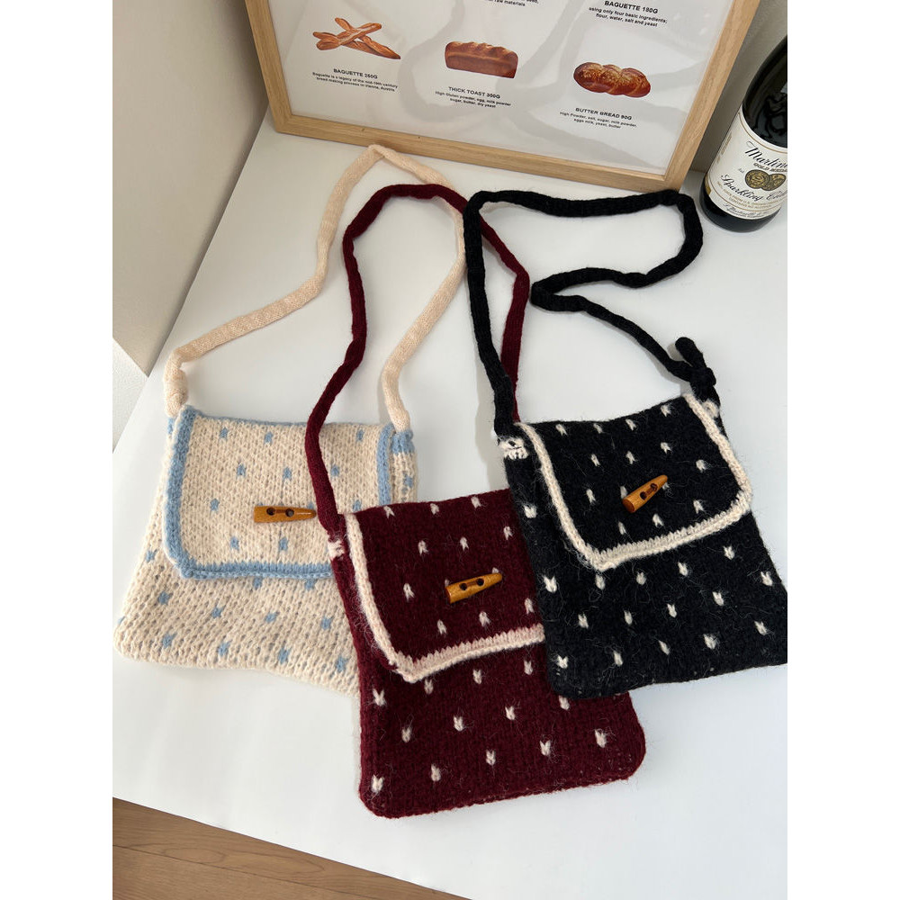Tas Kecil Rajut Wanita, Tas Kecil Rajut Kancing Tanduk Gaya Debutante Retro