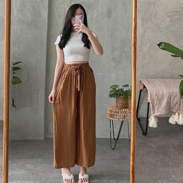 Celana Panjang Kulot Rayon Tali Long Pants Polos Jumbo Fit Xxl