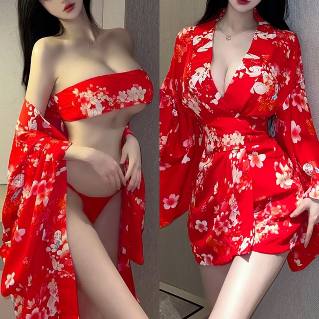 Kimono Seksi Bunga Sakura Merah Bermain Gaun Malam Seksi