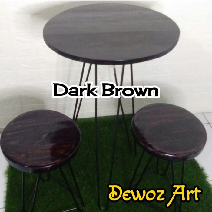 Meja Teras 1 Set - Meja Bangku Cafe Unik - Meja Kursi Kayu Rangka Besi
