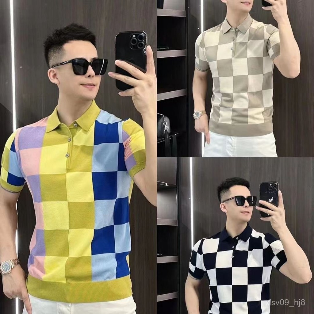 Kemeja kotak-kotak kerah lengan pendek kemeja musim panas mode eropa kaos polo t-shirt pria