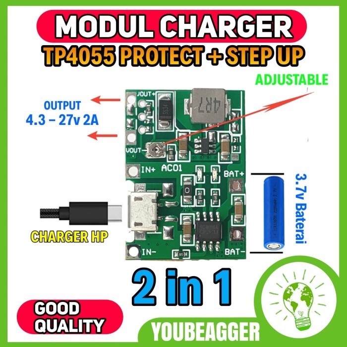 Modul Tp4056 + Step Up 2A Tegangan 4.3-27Vdc High Quality