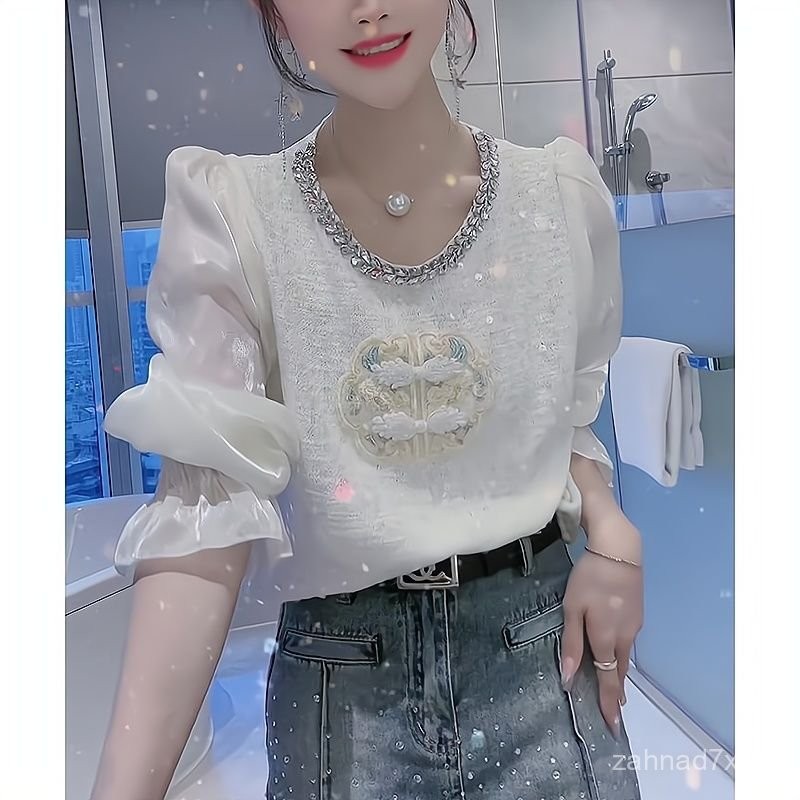 Baju Kancing Simpul Tiongkok, Baju Lengan Puff, Simpul Tiongkok, Lengan Puff, Manik-manik, Kristal