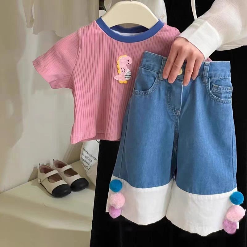 New Korean Children's Short Sleeve T T-shirt Baby Girl Fashion Jeans Western Style Two-Piece Suit