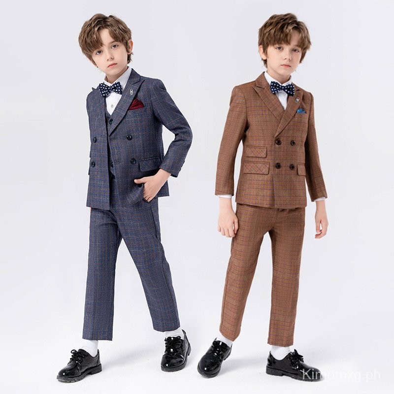 Set Setelan Formal Anak Laki-laki, 5 pcs/6 pcs, Blazer Kotak-kotak, Celana, Kemeja, Set Bros, Dasi K