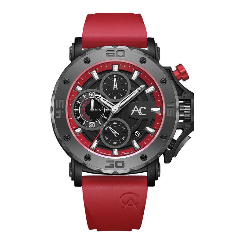 Jam Tangan Pria Alexandre Christie Chronograph AC 9205 MC REPBARE Men Black Dial Red Rubber Strap