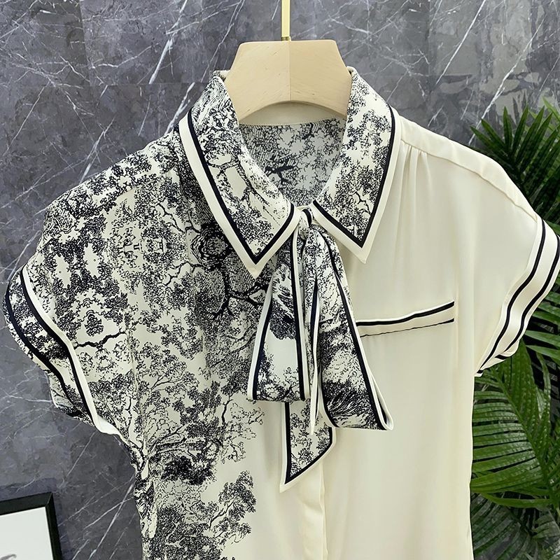 2024 Musim Panas Gaya Baru Tinta Pita Artistik Kemeja Sutra Bunga Wanita Atasan Stok Tersedia |AGG98