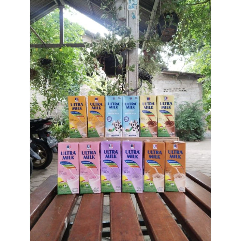 

Susu ultra milk Campuran ( taro,karamel,moca,coklat,stobery,fullcream) isi 12 pcs