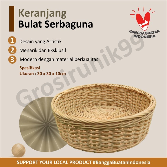 Prihatiwi - Kerajinan Tangan Rotan - Keranjang Bulat Serbaguna 30X30X10Cm