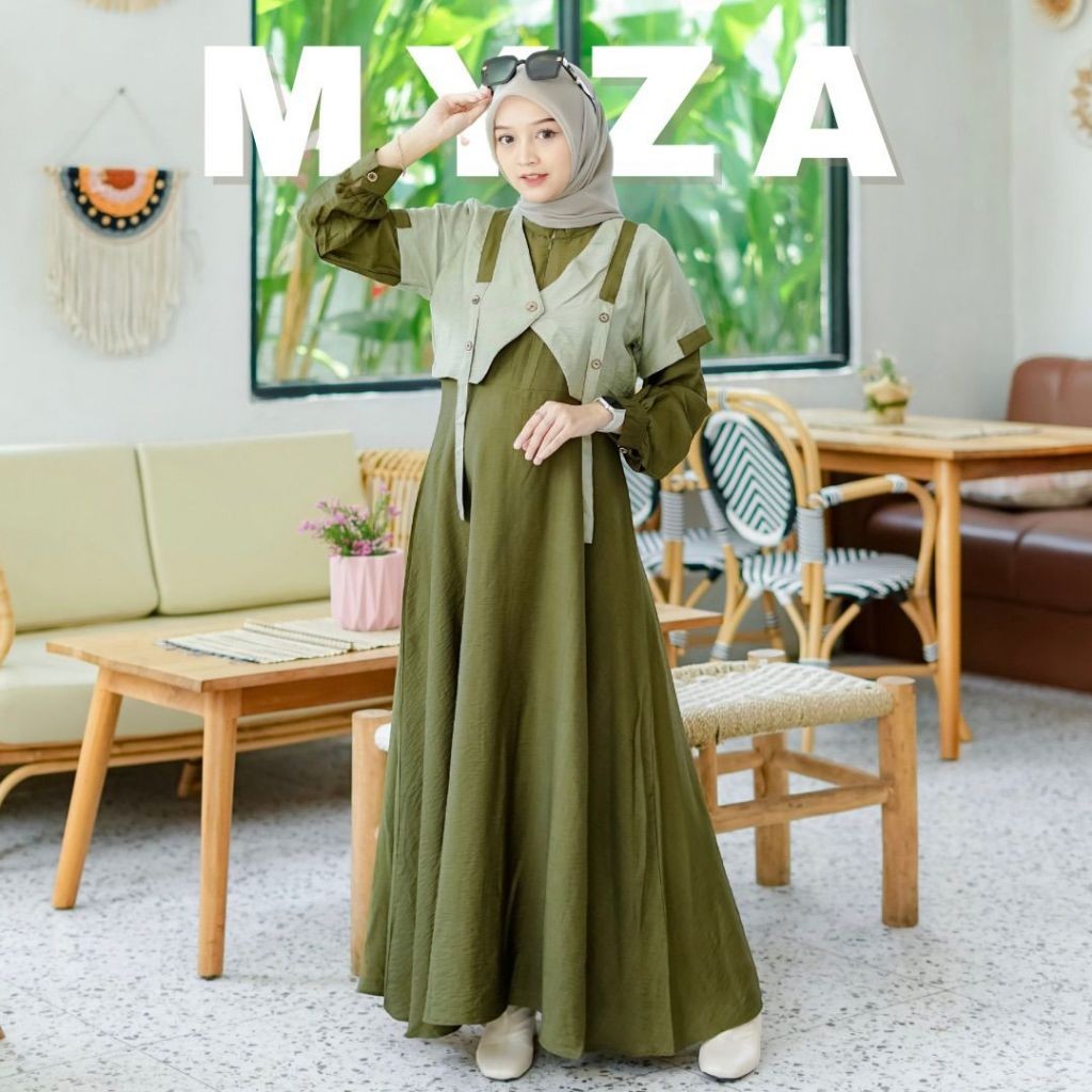 Baju Muslim Myza Aradea Set Dress Premium Gamis Lebaran Casual Polo Linen