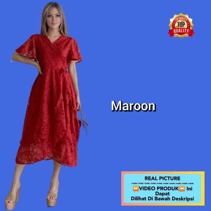 DISKON midi dress wanita brukat vita pesta natal gaun brokat dress hijau