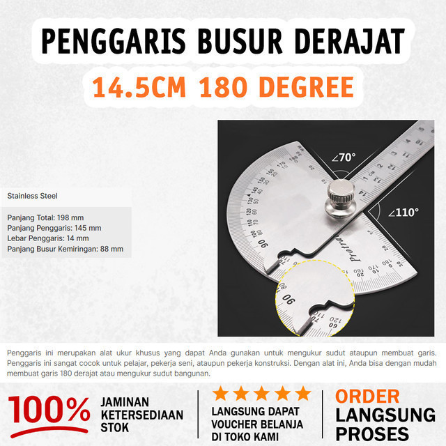 

[PASTI READY] PENGGARIS JANGKA / ROUNDHEAD MEASURING RULER 14.5CM 180 STAINLESS STEEL MULTIFUNGSI