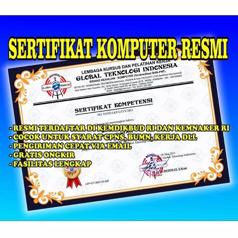 

Promo Hemat! SERTIFIKAT KOMPUTER RESMI TERDAFTAR DI KEMENDIKBUD RI Termurah
