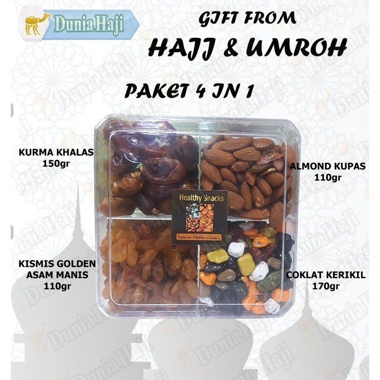 

Paket Haji Umroh 4 In 1 Kurma Kacang Almond Coklat Kerikil Kismis