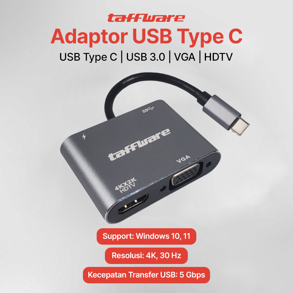 Taffware Video Adaptor 4 in 1 USB Type C to HDTV VGA PD Charging 4K - D87  7RSA03GY
