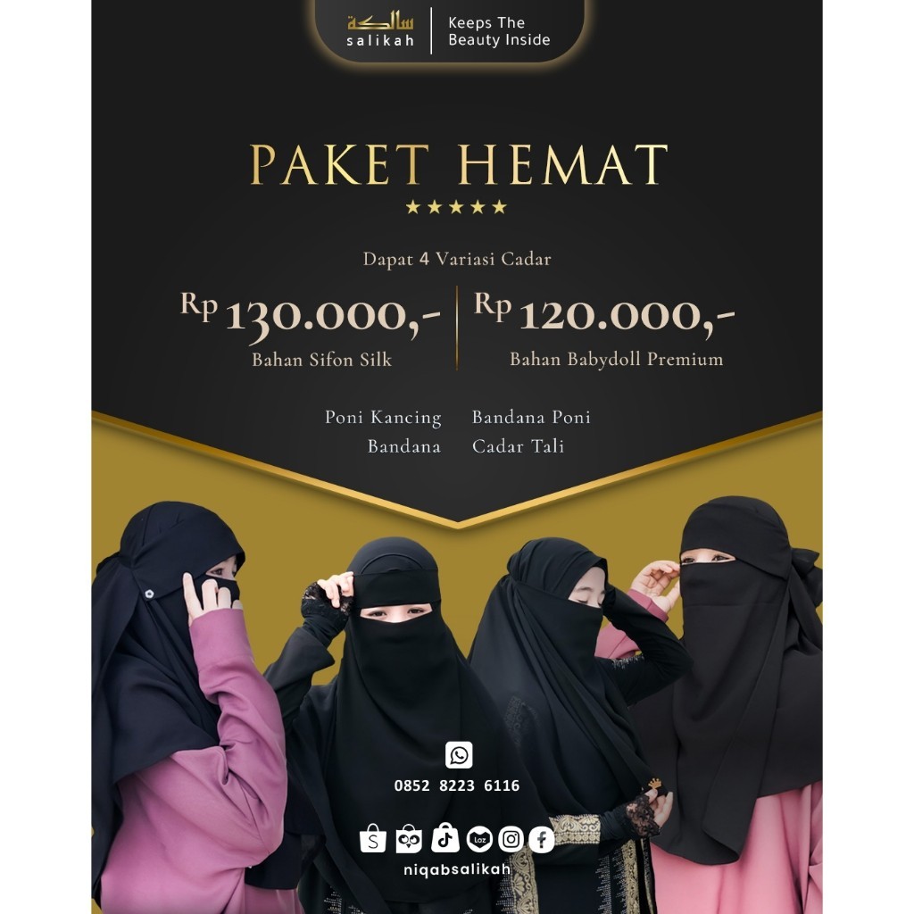 Salikah - Cadar Paket Hemat,  Cadar Tali, Cadar Bandana , Bandana Poni , Poni Kancing