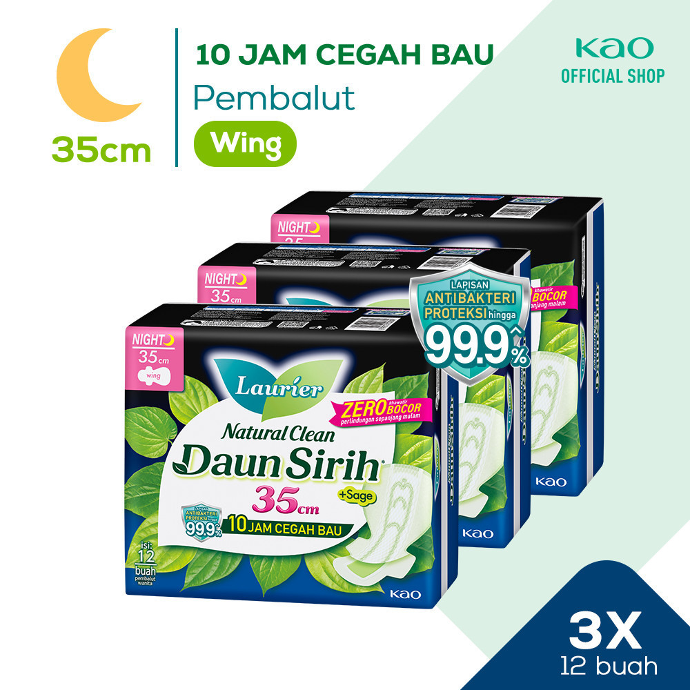 Laurier Natural Clean Pembalut Wanita Daun Sirih Anti Bakteri Night 35cm Wing - Bersih Alami Cegah B