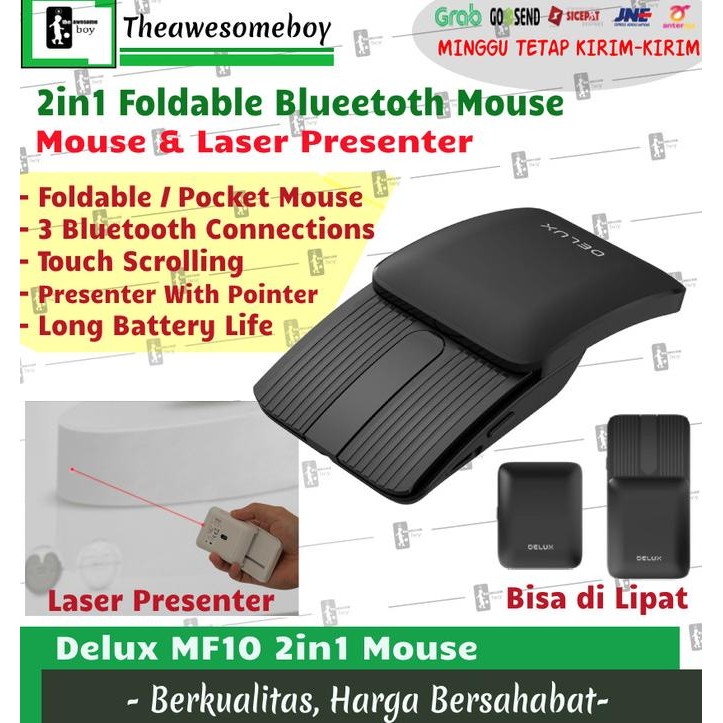 NEW Delux MF10 2in1 Foldable Bluetooth Mouse Laser Presenter Touch Scroll