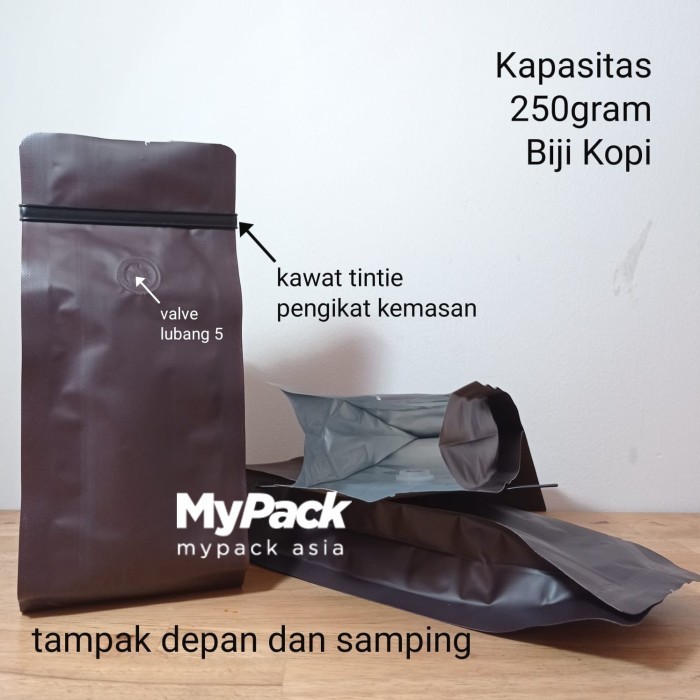 

250gr Kopi, Gusset QuadSeal + valve dan tintie - DARK BROWN, isi 50