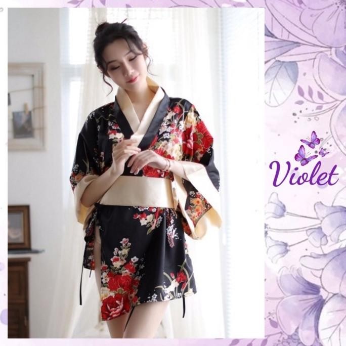 Violet Set Lingerie Sexy + G String Model Kimono Satin Jepang 1146