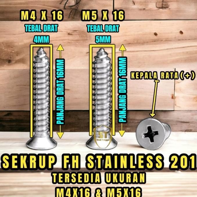 Ufo-2025 (Harga 20 Pcs) Sekrup Fh (M5X16) Stainless 201- Skrup Fh Tapping Screw Original