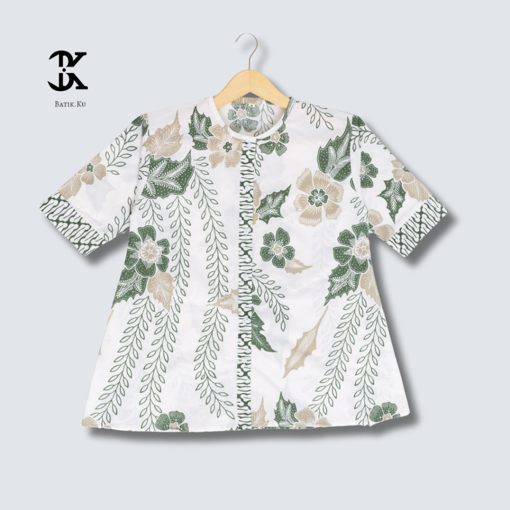 Baju Batik Batik Wanita Modern Lengan Panjang Kancing Depan Blouse Batik Kawung Kombinasi Kain Polos