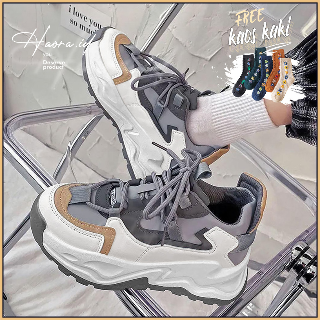 Sepatu Casual Terbaru HAORA-Sepatu Sneakers Wanita Cewek Korea Kulit PU Sintesis Woman Sneakers