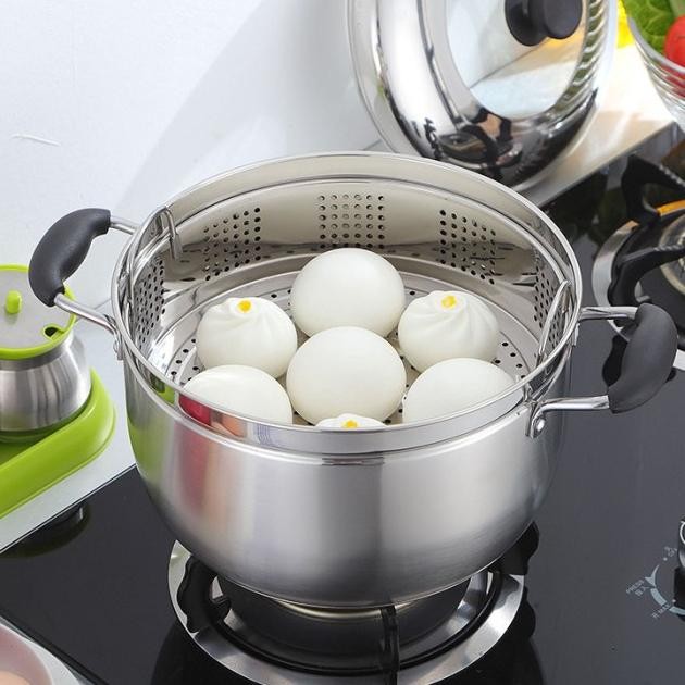 Panci Kukusan Tutup Kaca Ukuran Besar Panci Kukus 2 Susun/Panci Kukus Stainless Steel Dandang Panci 
