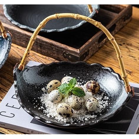 Mori Plate Wood Handle / Piring Saji Keramik Jepang Gagang Kayu Rotan IS81