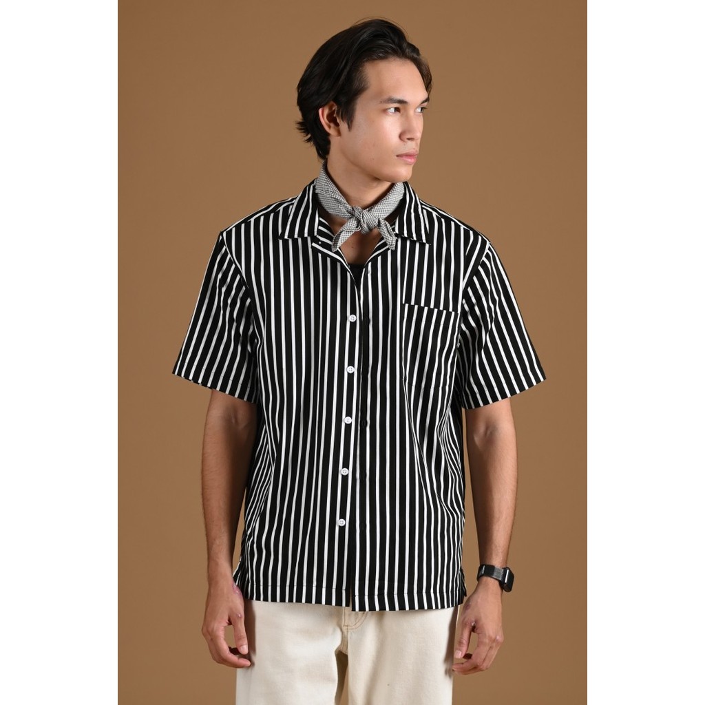 KEMEJA PREPP STUDIO SHORT STRIPE SHIRT DUAL COLLAR STYLE BLACK