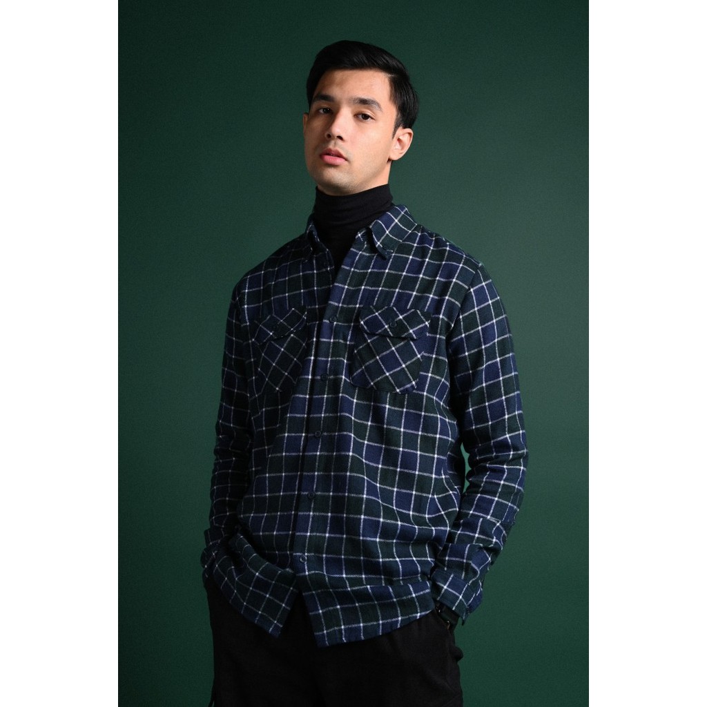 KEMEJA PREPP STUDIO ULTIMATE DOUBLE POCKET FLANNEL BLUE GREEN TEAL