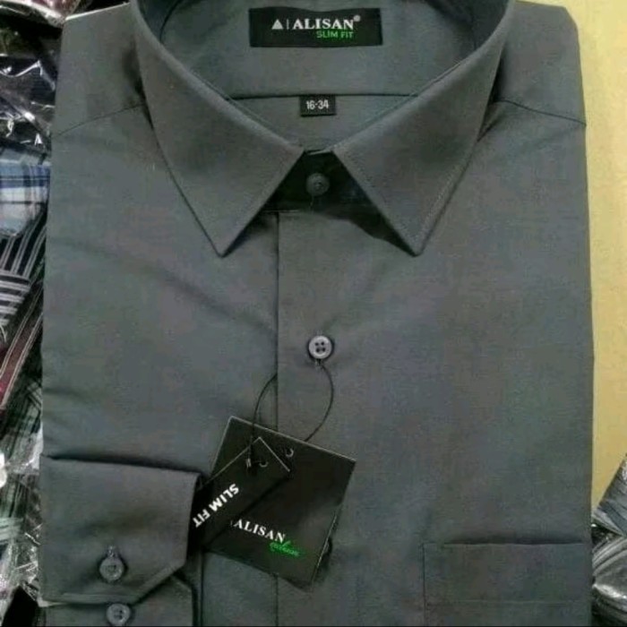 Kemeja Alisan Slim fit Polos Panjang Warna abu tua dan hijau mint