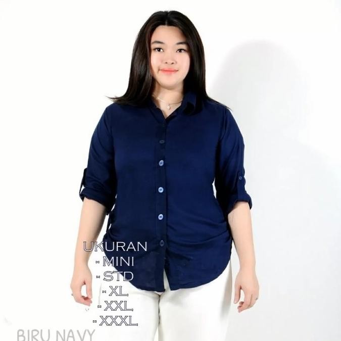 KEMEJA WANITA POLOS NAVY BIRU TUA KATUN RAYON ADEM LEMBUT SIZE M-XXXL