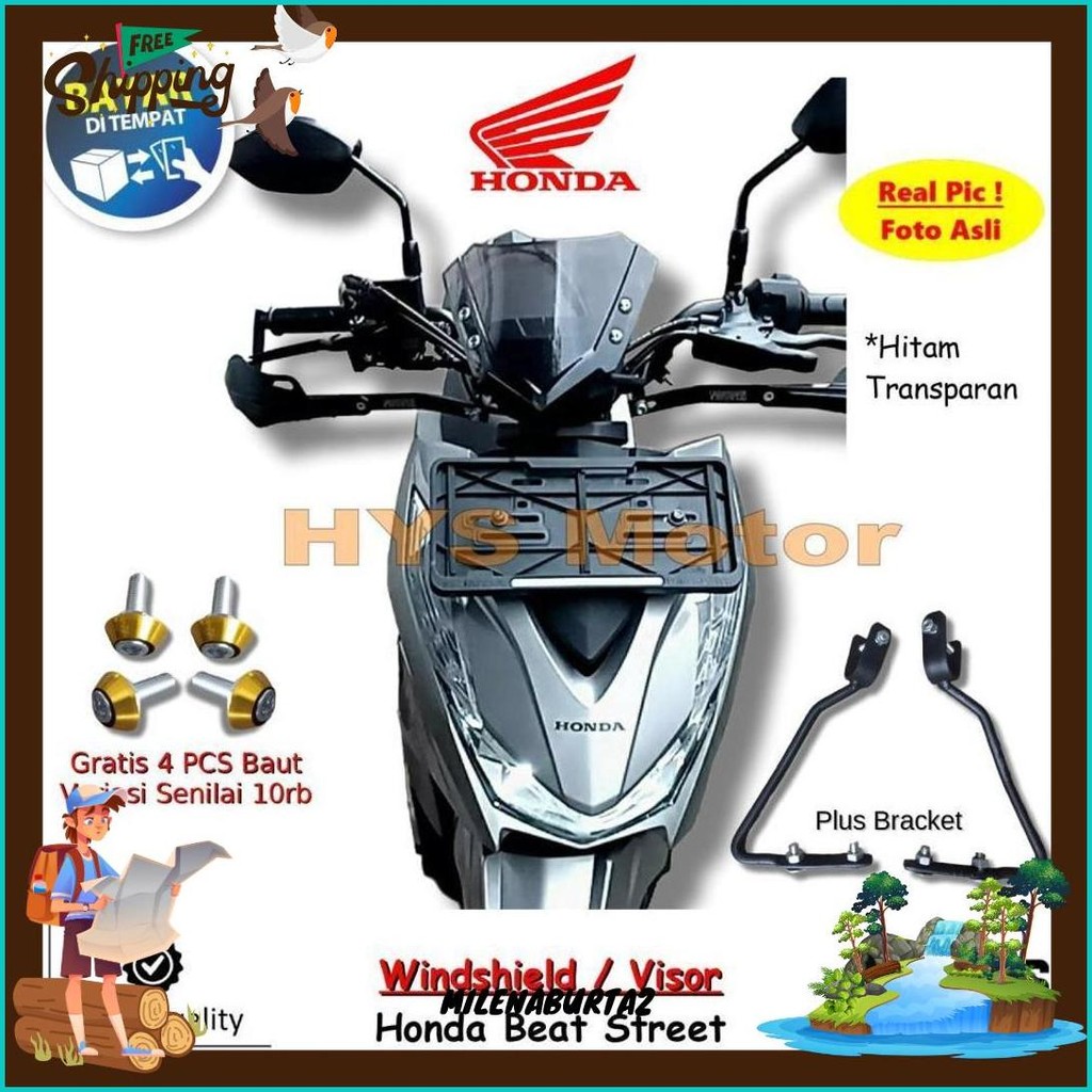 Hys Kaca Depan Variasi Honda Beat Street - Visor Windshield Winsil Motor Plus Bracket Bonus Baut Pro