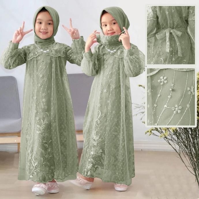 Gamis anak eliana kids 3 - 16 thn brukat tile dot hijau sage PS GVS