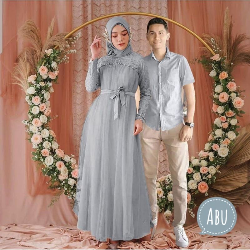 Baju Muslim Couple Mikayla Baju Pasangan Muslim - Gamis Wanita Brukat Lapis Furing Kemeja Pria