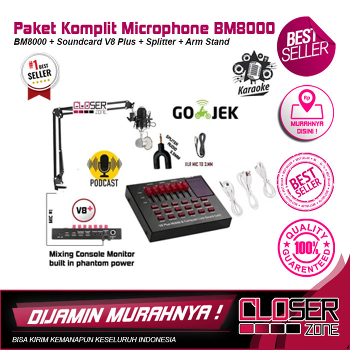 Promo Paket Kumplit Mic Condenser Bm 8000 Bm-8000 Bm8000 Stand Soundcard V8+