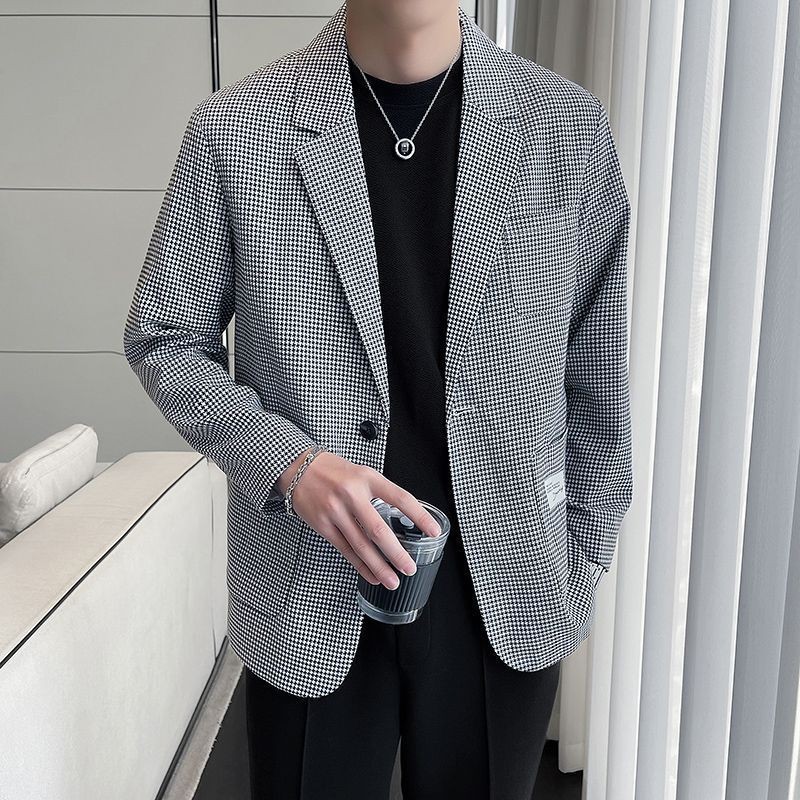 Setelan Jaket Kasual Gaya Korea Pria, Jaket Jas Mewah Ringan Semua Cocok Longgar Ukuran Besar Kotak-