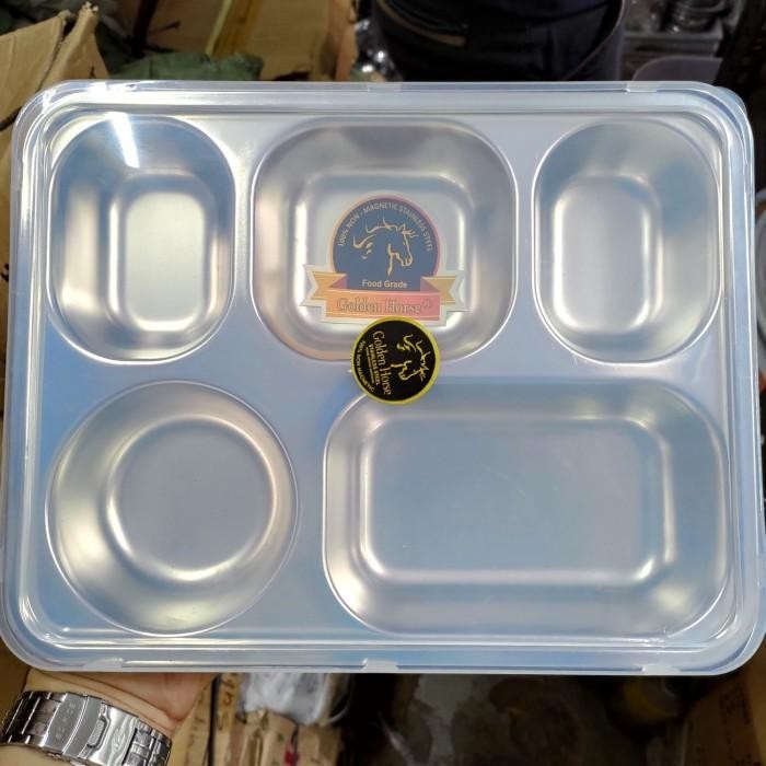 Plato / Food Tray / Tempat Makan Sekat 5 Stainless + Tutup Plastik