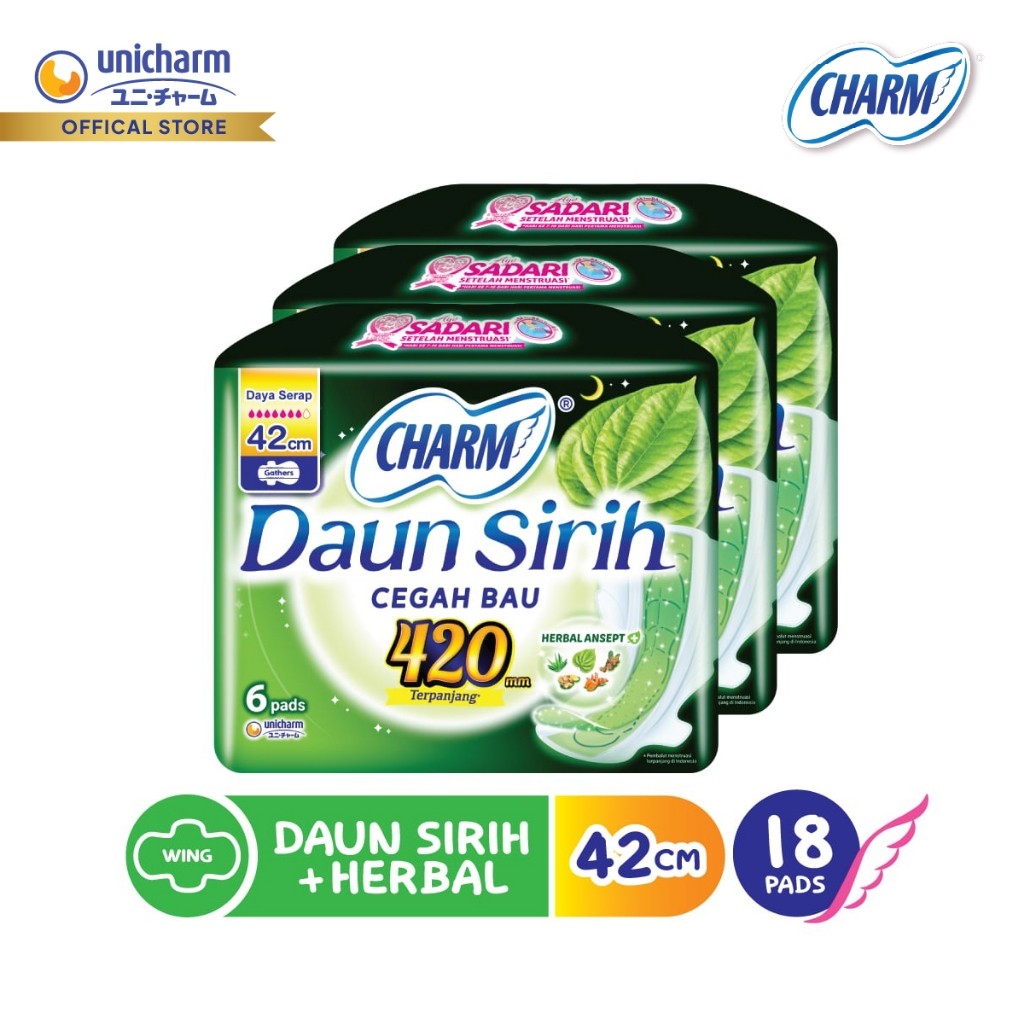 Charm Pembalut Daun Sirih + Herbal 42cm Wing 6 pads - 3Pack