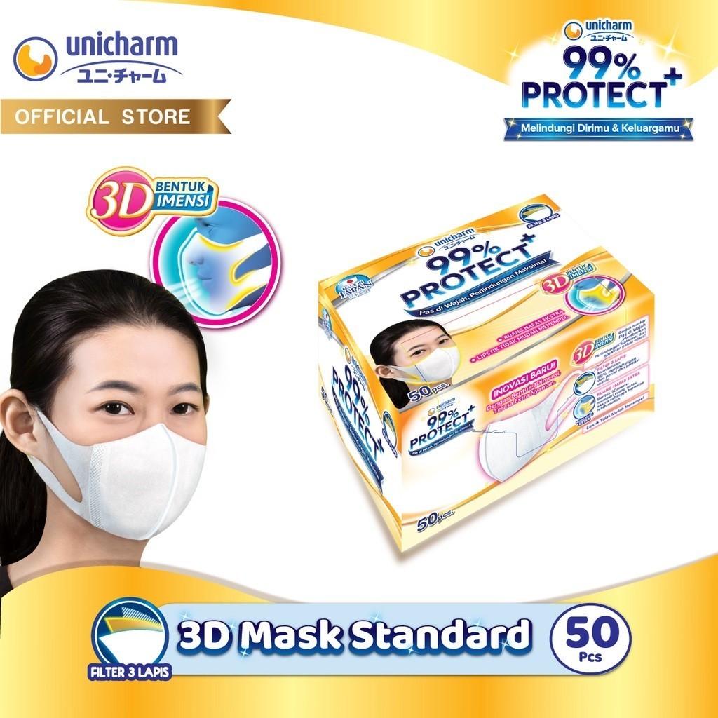 Masker Unicharm 99% Protect+ 3D Mask Standard - isi 50 pcs