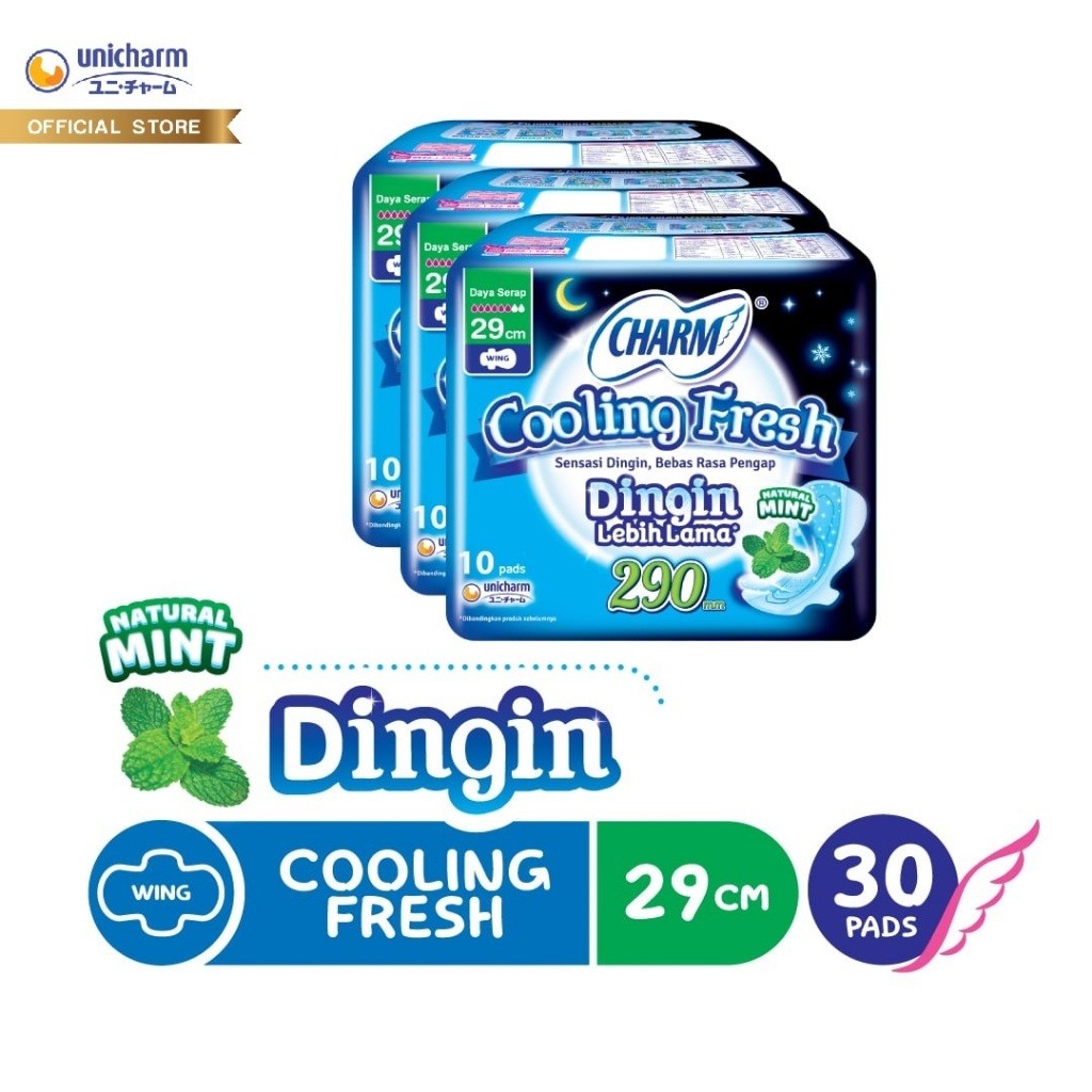Charm Pembalut Cooling Fresh Night 29cm 10 pads - 3 Packs