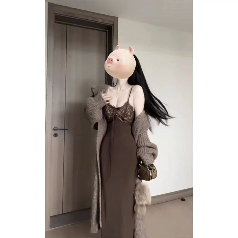 [Cream Winnie]Gaun tali ikat renda seksi setelan jaket rajutan panjang