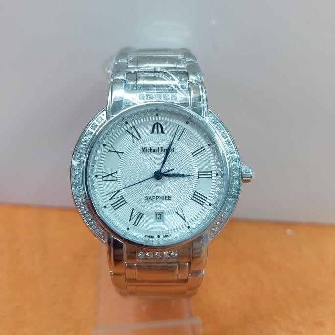 JAM TANGAN MICHAEL ERNEST ME8520 ME 8520 SILVER PRIA SAPHIRE GLASS
